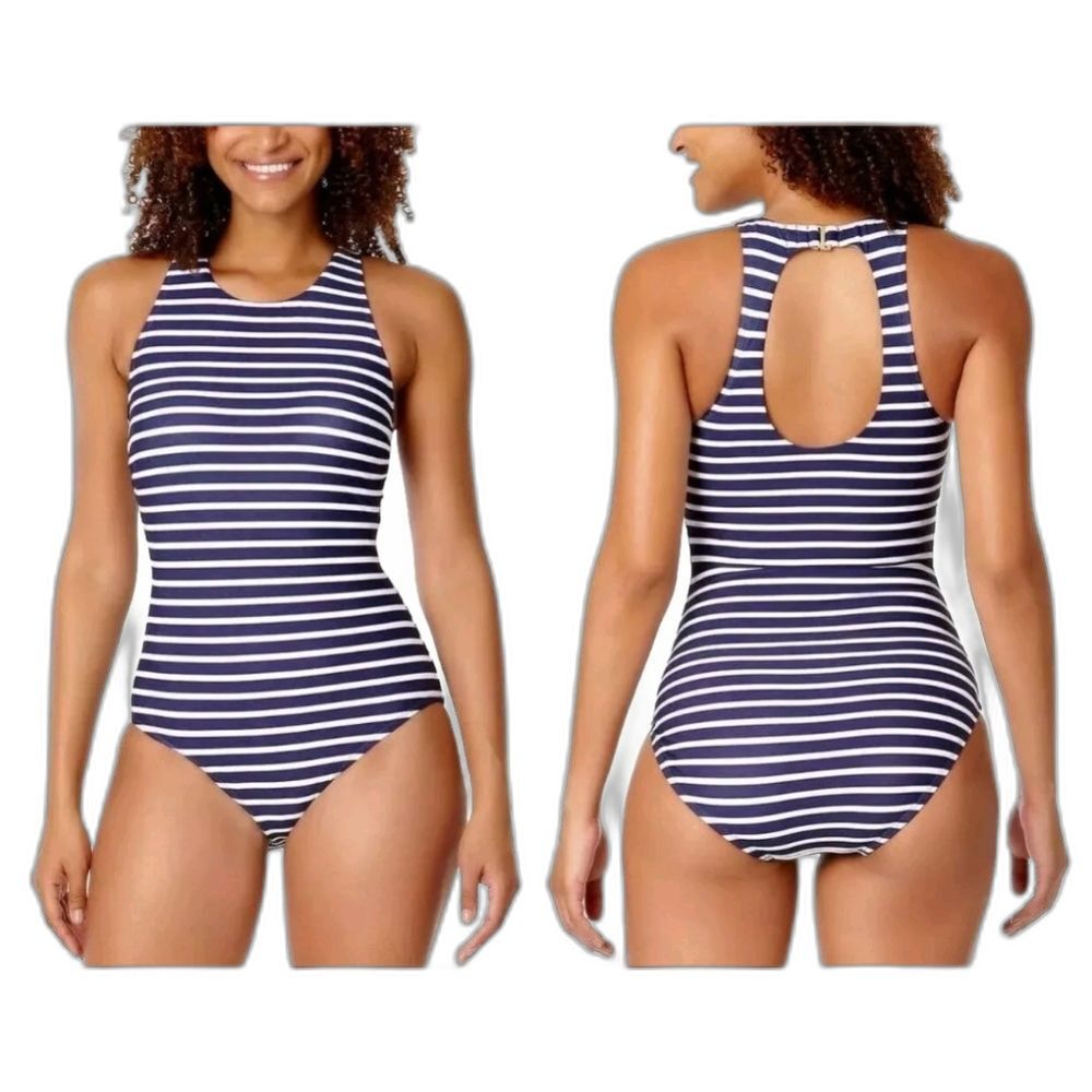 Lands End Navy Stripe High Neck UPF 50 Open Back Keyhole 1pc Swimsuit Women's S - Picture 2 of 10